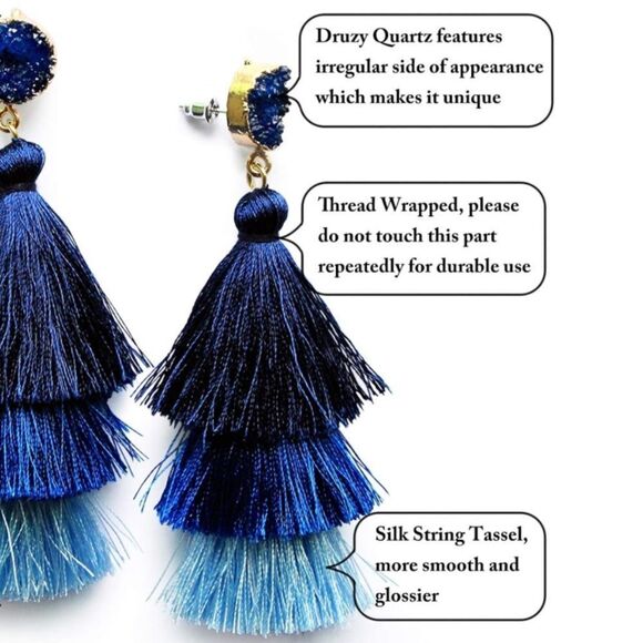 14K Yellow Gold with Blue Ombre Silk Thread Tassel and Quartz Druzy Earrings - Picture 4 of 8